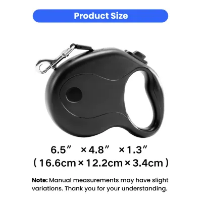 Product dimensions for the retractable leash showing 6.5 inches by 4.8 inches by 1.3 inches (16.6cm x 12.2cm x 3.4cm).