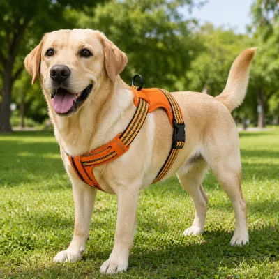 A yellow Labrador standing in a park wearing a bright orange reflective safety harness.