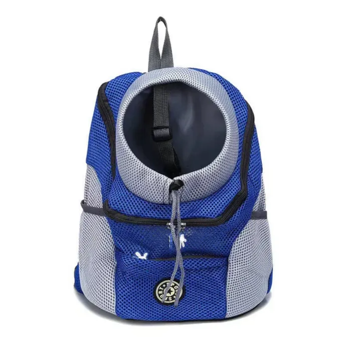 royal-blue-breathable-mesh-pet-backpack Front view of a royal blue mesh pet backpack with a grey adjustable neck opening.