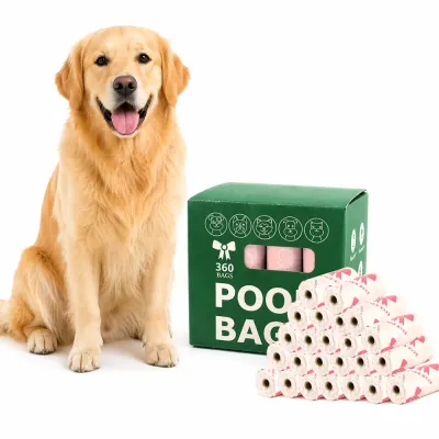 Wholesale Biodegradable Dog Poop Bags Bulk Pack A Golden Retriever sitting next to a green bulk box of 360 biodegradable pet poop bags with patterned rolls.