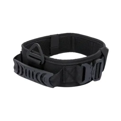 Close-up of a black tactical dog collar featuring a rugged control handle and heavy-duty hardware.
