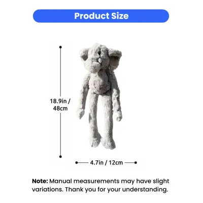Infographic showing the dimensions of the plush dog toy: 18.9 inches (48cm) in length and 4.7 inches (12cm) in width.