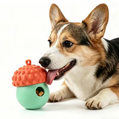corgi-playing-with-interactive-treat-toy A Corgi dog licking a red and teal acorn-shaped silicone toy filled with dry kibble.