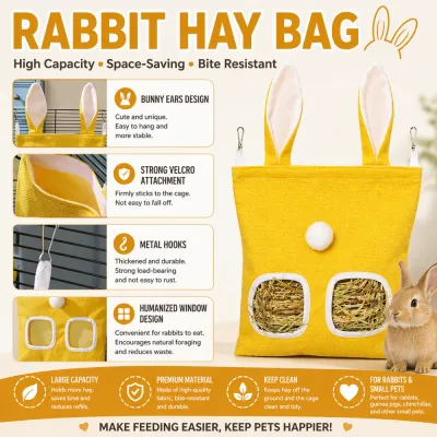 rabbit-hay-bag-product-features-infographic Infographic highlighting features of the hay bag: bunny ears design, strong velcro attachment, metal hooks, and humanized window design.