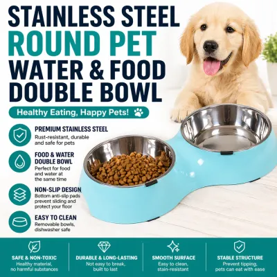 Infographic showing features: premium stainless steel, food and water double bowl, non-slip design, and easy to clean.