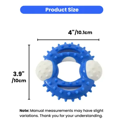 Dog-Teething-Ring-Size-Specifications Product dimensions showing the dog toy is 4 inches (10.1cm) in width and 3.9 inches (10cm) in height.