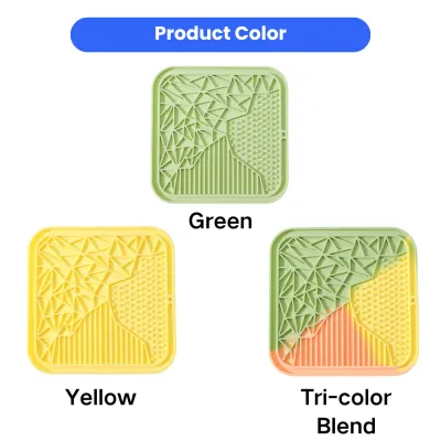 Three color variations of the square silicone dog lick mat: Green, Yellow, and Tri-color Blend.