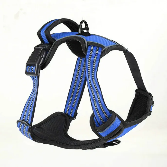 Blue Reflective Padded Dog Harness for Wholesale A professional product shot of a blue adjustable dog harness with 3M reflective stitching.