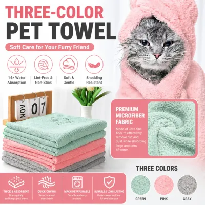 absorbent-quick-dry-pet-towel-features Infographic showing features of pet towels: 14x water absorption, lint-free, machine washable, and soft microfiber fabric.