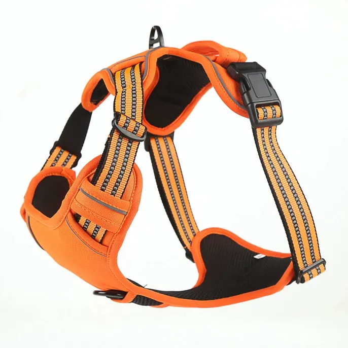 Breathable Orange Safety Dog Vest for Large Dogs Close-up of an orange dog harness showing the airy mesh lining and adjustable strap system.