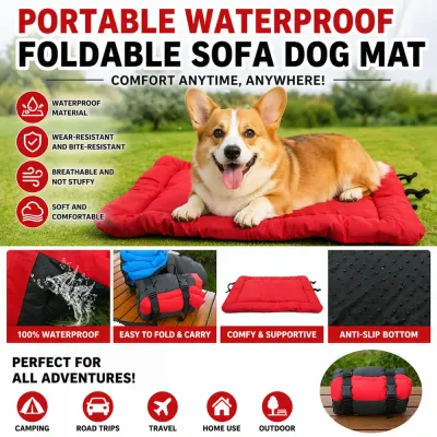 Foldable-Outdoor-Dog-Sofa-Mat-Features Infographic showing features of the foldable dog mat including waterproof material, bite-resistance, and anti-slip bottom.