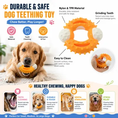Durable-Nylon-TPR-Dog-Teething-Toy-Features Infographic of a spikey dog teething ring made of Nylon and TPR material highlighting teeth cleaning, mental stimulation, and durability benefits.