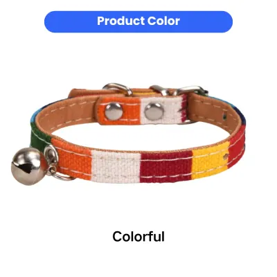 Close-up of a multi-color striped pet collar featuring high-quality PU leather and a small bell.