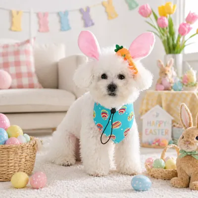 blue-easter-dog-outfit-carrot-headband A white dog wearing a blue Easter egg bandana and bunny ears with a carrot attachment, sitting in a festive Easter-themed room.