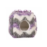 Front view of a purple and grey chevron pattern plush hamster house with a purple ribbon.