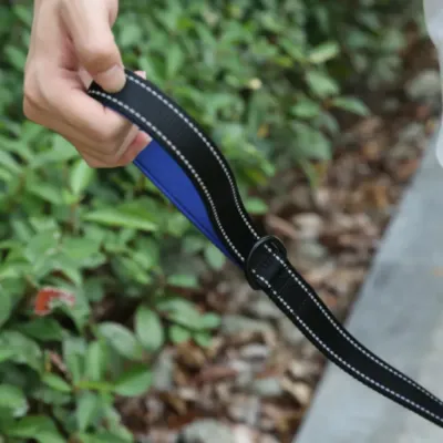 Close-up of a hand holding the blue neoprene padded handle, showing the high-density nylon webbing and reflective stitching.