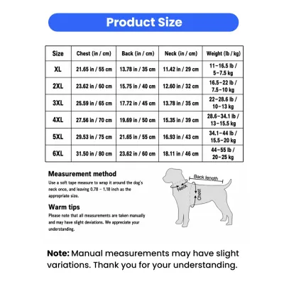 Dog Raincoat Size Chart and Measurement Instructions A detailed size guide table for dog raincoats ranging from XL to 6XL, including chest, back, and neck measurements in inches and centimeters.