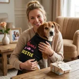 Smiling woman hugging a Beagle wearing Mama's Bestie shirt for Mother's Day celebration