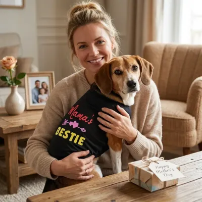 Smiling woman hugging a Beagle wearing Mama's Bestie shirt for Mother's Day celebration