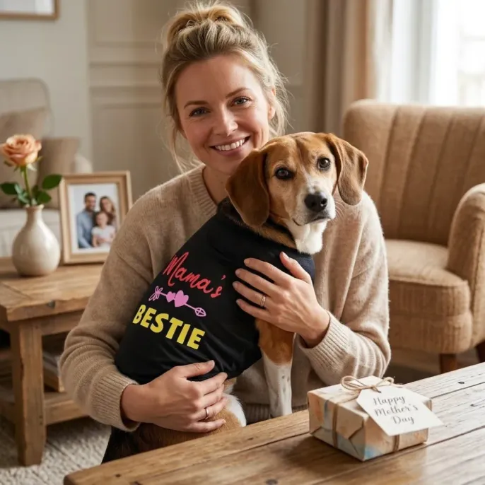 Smiling woman hugging a Beagle wearing Mama's Bestie shirt for Mother's Day celebration
