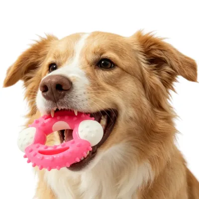 Aggressive-Chewer-Durable-Ring-Toy-Large-Dog A Golden Retriever happily holding the Rose-colored durable teething ring in its mouth.
