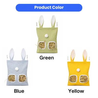 rabbit-hay-bag-color-options-blue-green-yellow Three rabbit hay feeder bags displayed in blue, green, and yellow colors, each featuring cute bunny ears and a pom-pom tail.