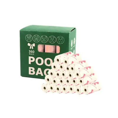 Beige Bowknot Pattern Dog Poop Bags Bulk Pyramid of beige pet waste bag rolls with pink bowknot patterns next to a green display box.