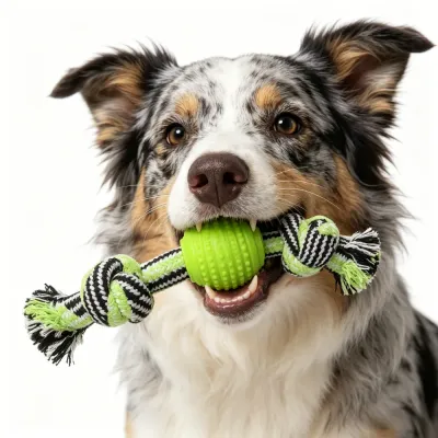 Close-up of a Border Collie happily biting the green rubber center of a knotted rope toy, showing the ribbed texture.