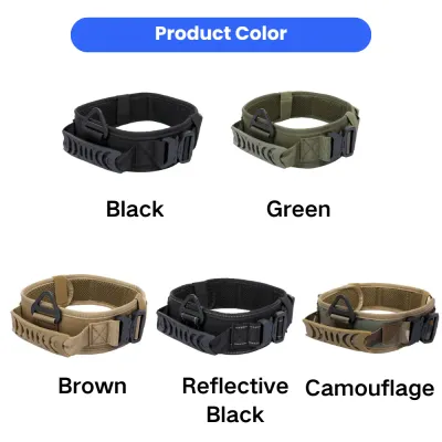 Comparison of five tactical dog collar colors: Black, Green, Brown, Reflective Black, and Camouflage.