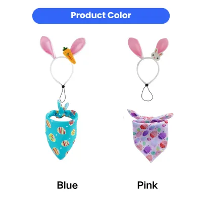 easter-dog-accessories-color-options-blue-pink Product showcase of two Easter dog sets: one in blue with a carrot charm and one in pink with a bunny charm.