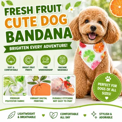 Infographic highlighting features of the dog bandana: soft polyester fabric, digital printing, machine washable, and durable stitching.