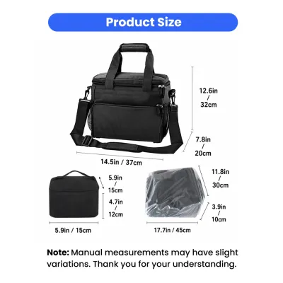Dog-Pet-Travel-Bag-Size-Chart-Dimensions Technical diagram showing the dimensions of the dog travel bag, food containers, and its folded state in inches and centimeters.