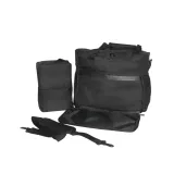 High-quality black dog travel bag set including two food containers and a detachable shoulder strap on a white background.