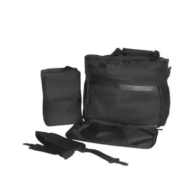 Black-Dog-Travel-Bag-Set-Wholesale High-quality black dog travel bag set including two food containers and a detachable shoulder strap on a white background.
