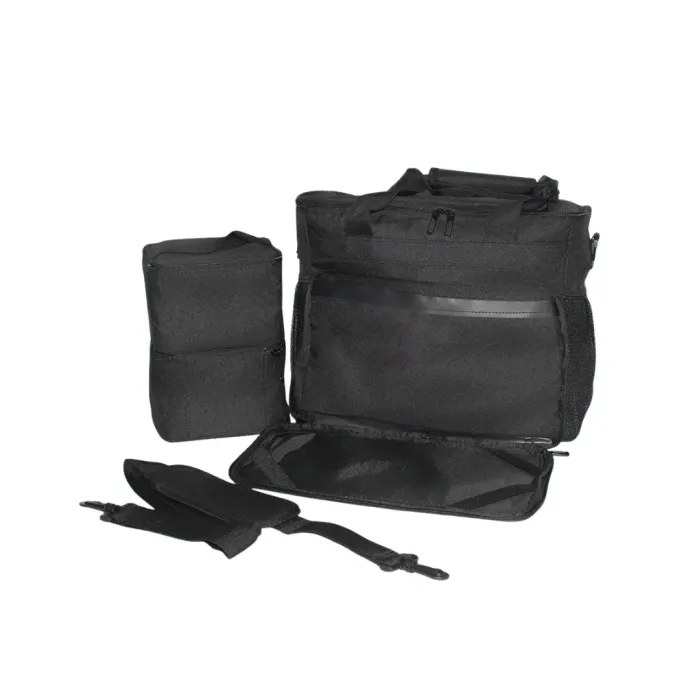 High-quality black dog travel bag set including two food containers and a detachable shoulder strap on a white background.