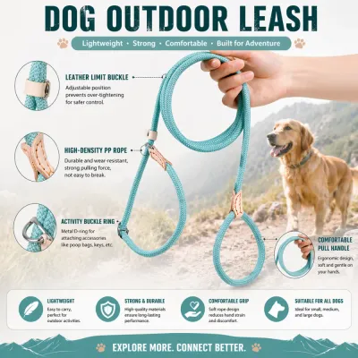 Infographic highlighting leather limit buckle, high-density PP rope, and metal activity buckle ring features.