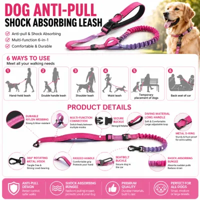 6-in-1-Multi-Functional-Dog-Leash-Features Infographic showing 6 ways to use the dog leash, including waist leash, shoulder leash, and car seatbelt mode.