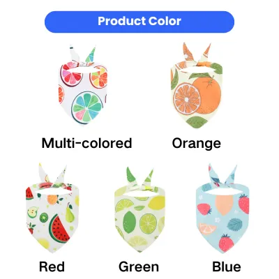 A product grid showing five different dog bandana colors: Multi-colored, Orange, Red, Green, and Blue, all with fruit themes.