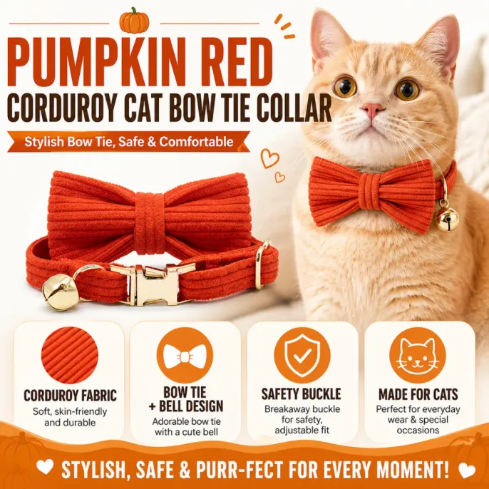 pumpkin-red-cat-collar-features-infographic Infographic highlighting features of the pumpkin red corduroy cat collar: skin-friendly fabric, breakaway safety buckle, and bell design.