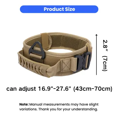 Diagram showing the tactical dog collar width of 2.8 inches and adjustable neck circumference from 16.9 to 27.6 inches.