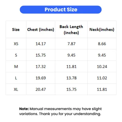 Detailed dog clothes size guide table showing chest back and neck measurements in inches