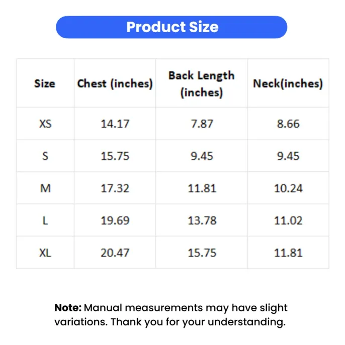 Detailed dog clothes size guide table showing chest back and neck measurements in inches