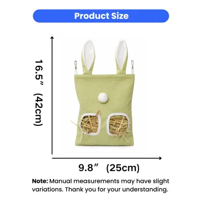 rabbit-hay-feeder-bag-size-chart Dimension chart showing the rabbit hay bag is 16.5 inches (42cm) in height including ears and 9.8 inches (25cm) in width.