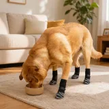dog-wearing-traction-socks-eating-indoors A dog wearing grey striped traction socks while eating from a bowl on a rug to prevent sliding.