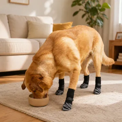 dog-wearing-traction-socks-eating-indoors A dog wearing grey striped traction socks while eating from a bowl on a rug to prevent sliding.