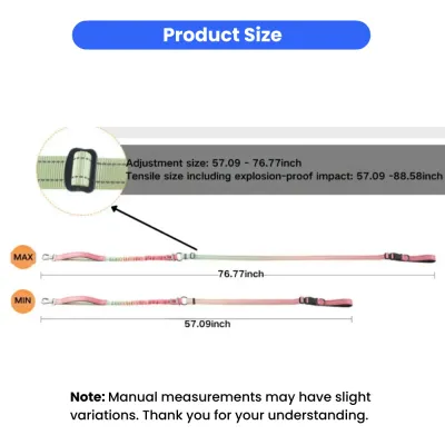 Adjustable-Dog-Leash-Size-Guide Size chart showing the adjustable length of the dog leash from 57.09 to 76.77 inches.
