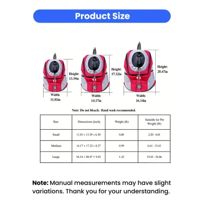dog-carrier-backpack-size-guide-dimensions Detailed size chart for small, medium, and large pet backpacks showing height, width, and weight capacity.