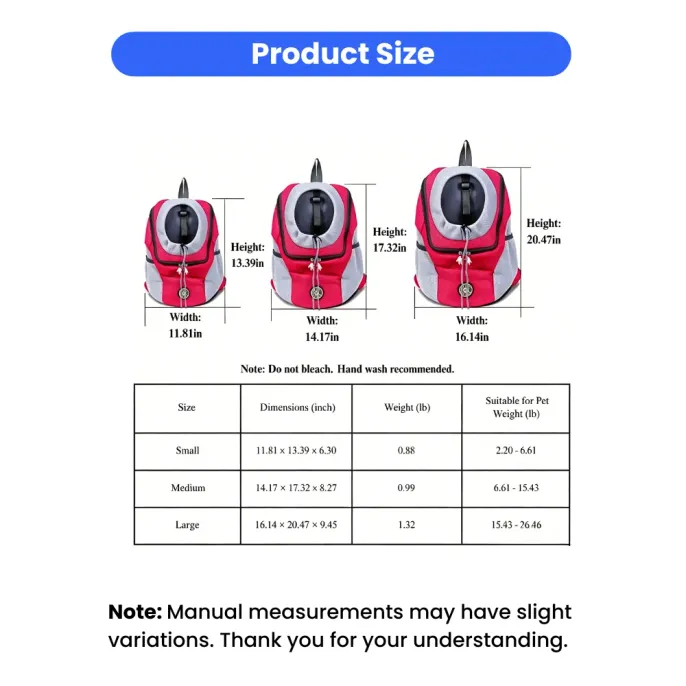 dog-carrier-backpack-size-guide-dimensions Detailed size chart for small, medium, and large pet backpacks showing height, width, and weight capacity.