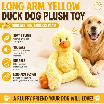 Durable-Squeaky-Duck-Dog-Toy-Features Infographic listing features: Soft & Plush, Squeaky built-in, Durable bite-resistant material, and Long Arm Design.