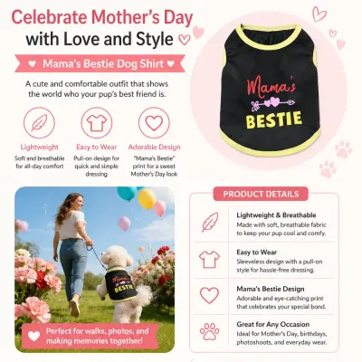 Infographic of Mama's Bestie dog shirt highlighting lightweight breathable and easy to wear features